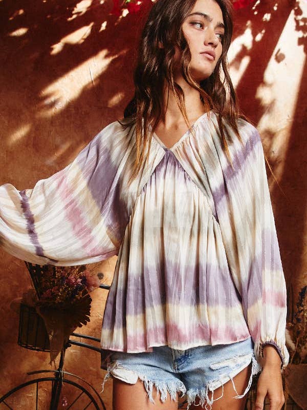 BLUSH CAMEL T1190-1C OUTLET SALE Ombre Lurex Chiffon Babydoll Blouse Top for wholesale on Faire4