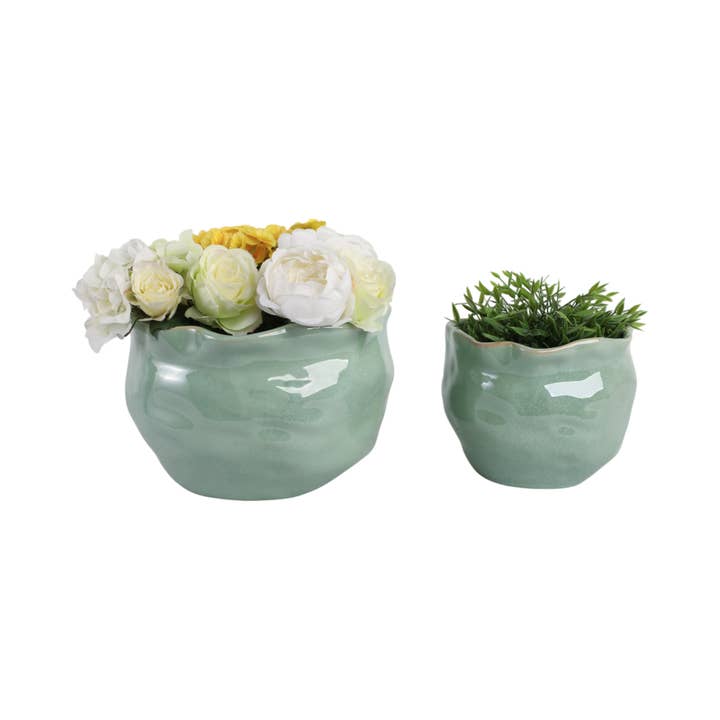 Sagebrook Home - Wholesale Plant Pot - 9/12 in. Sage Green Wavy Edge Round Planters (Set of 2)