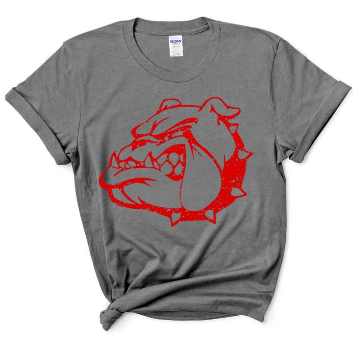 American Threadz Apparel - Vente T-shirt sérigraphié – femme - T-shirt de mascotte personnalisé en forme de tête de bouledogue vieilli 1