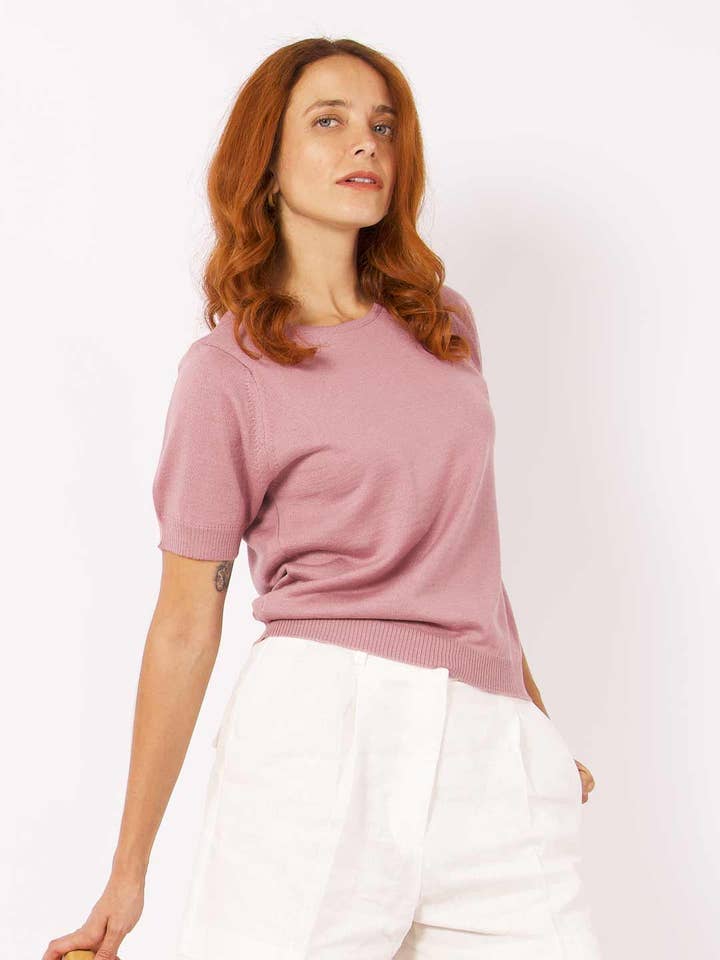 Short-Sleeve Merino Wool Knit Sweater - Pink for wholesale by Achega Knitwear