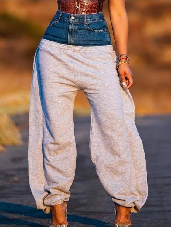 denim patchwork high waist loose pants for wholesale by Queen Fashion