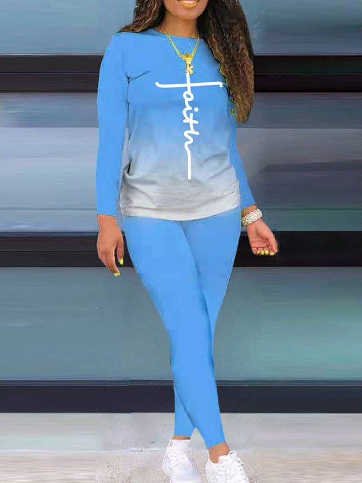 set di pantaloni a maniche lunghe con stampa a lettere ombre per la vendita all'ingrosso da parte di Queen Fashion