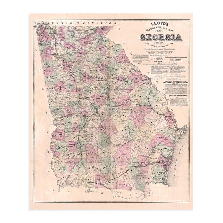 Historic Prints - Wholesale Poster - 1864 Map of Georgia Poster - Vintage Map of Georgia Wall Art - Vintage Georgia Map Showing Counties, Railways, Stations, Villages, Mills - Georgia State Wall Map