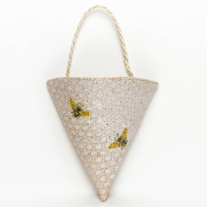 White Squirrel Clayworks - Wholesale Wall Planter - Bee Pattern Handmade, in Ohio, Ceramic White Wall Pocket1