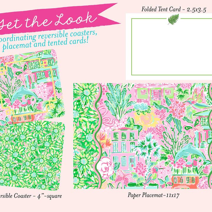 billet-doux - Wholesale Disposable Coasters - Watercolor Charleston & Green Daisy Paper Coaster Set2