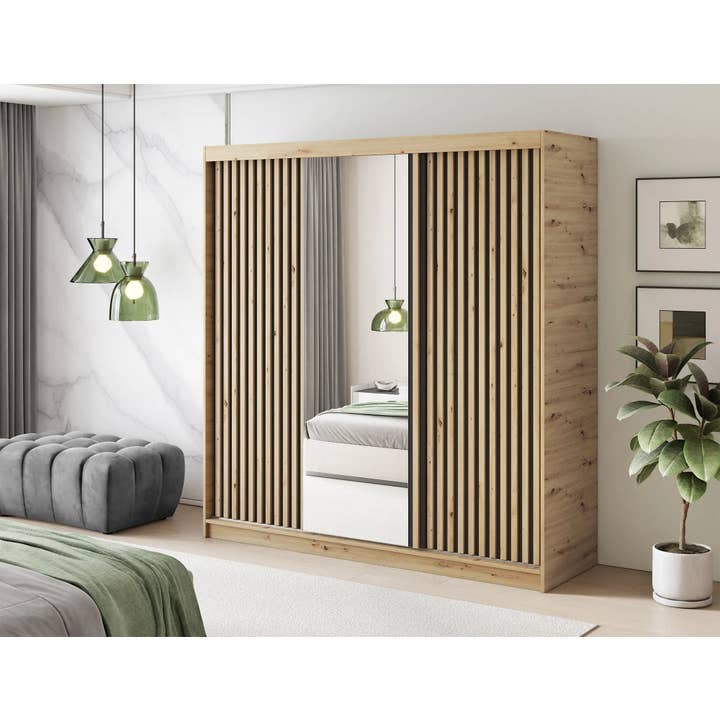 Emerio Mirrored 3 Sliding Door Freestanding Wardrobe - Maple Oak for wholesale by ReForm Creative Home