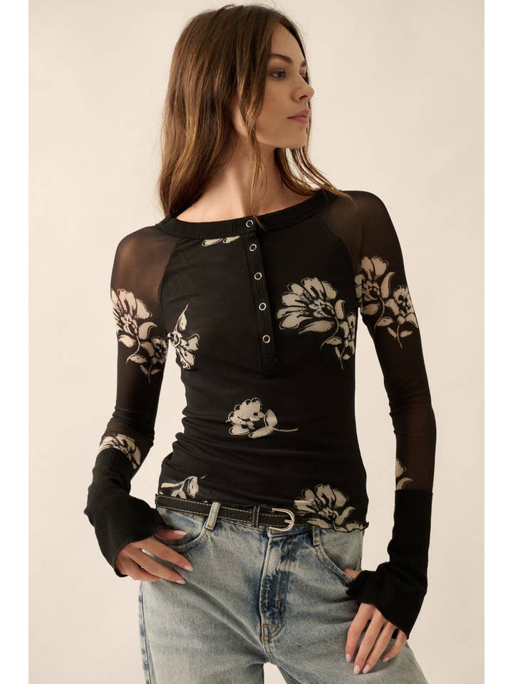 Black Floral-Print Mesh Raglan-Sleeve Henley Top for wholesale on Faire