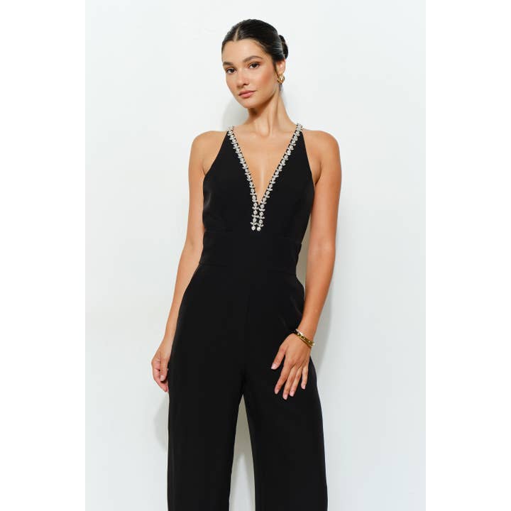 INA – wholesale Jumpsuit - Dam – Kristallprydd djup V-ringad jumpsuit med korsad rygg21