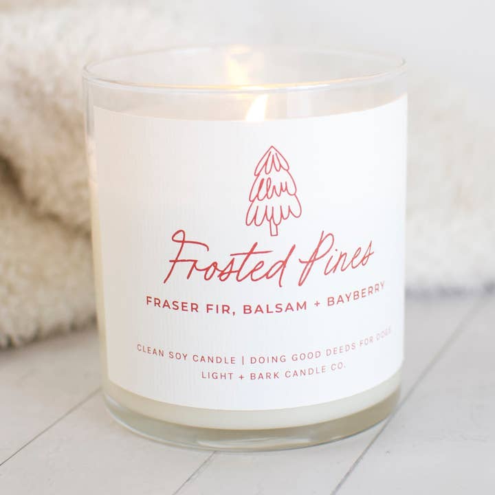 Frosted Pines | Fraser Fir, Balsam + Bayberry Soy Candle for wholesale by Light + Bark Candle Co.