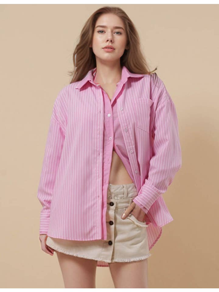 Sweetkama - Wholesale Button Down Shirt - Women's - Ladies Striped Color Block Button Down Shirt 8SKT5116116