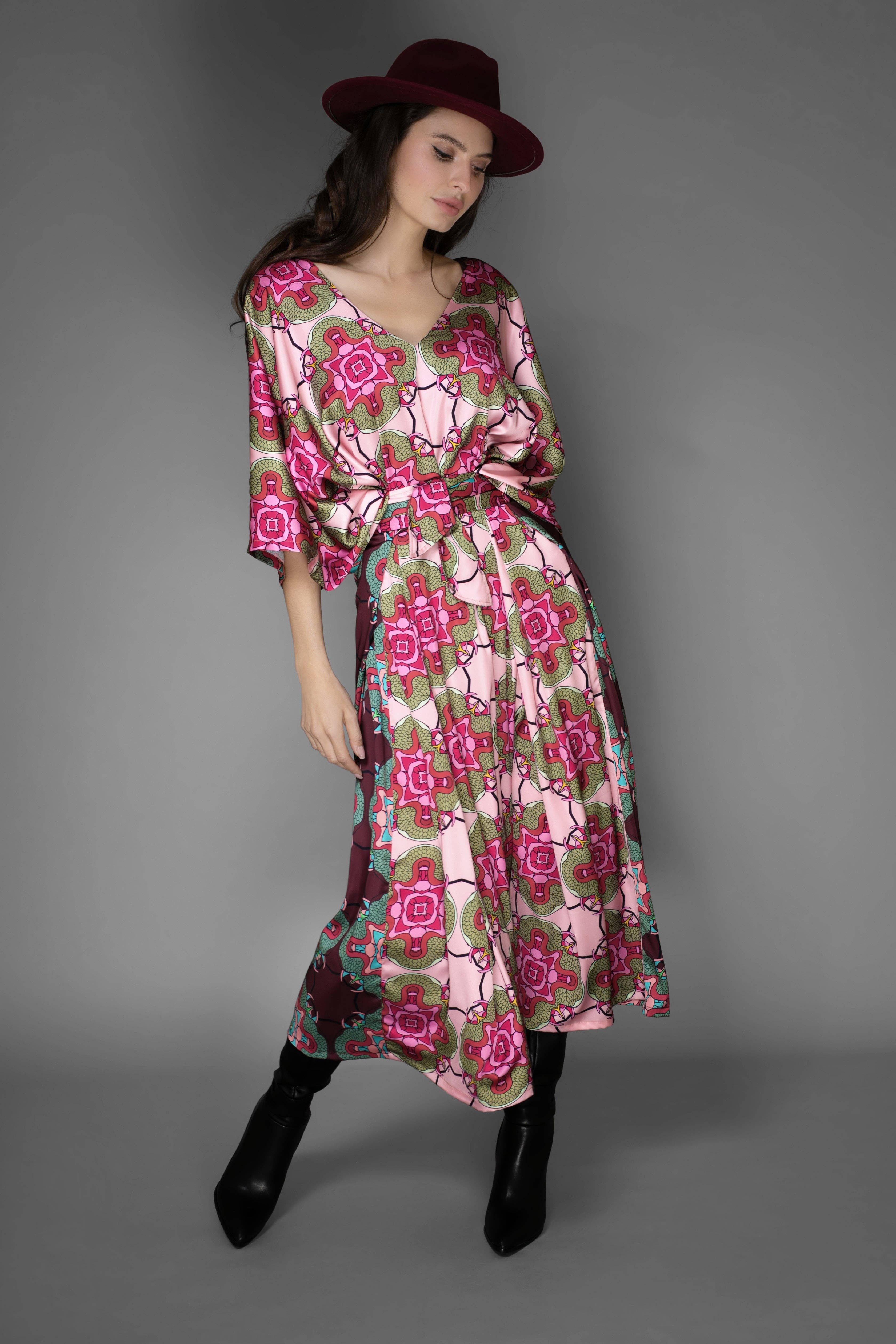 Nuvula - Wholesale Kaftan – Women's - Pink Abstract Multicolor Belted V-Neck Kaftan Satin Dress