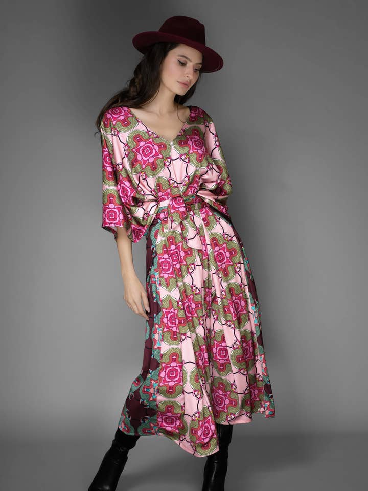 Nuvula - Wholesale Kaftan – Women's - Pink Abstract Multicolor Belted V-Neck Kaftan Satin Dress0