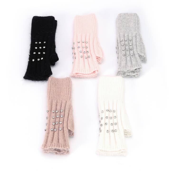 PEACH ACCESSORIES - Wholesale Gloves - Women's - Elegant Knitted Gloves with Rhinestone in Silver SD004-2