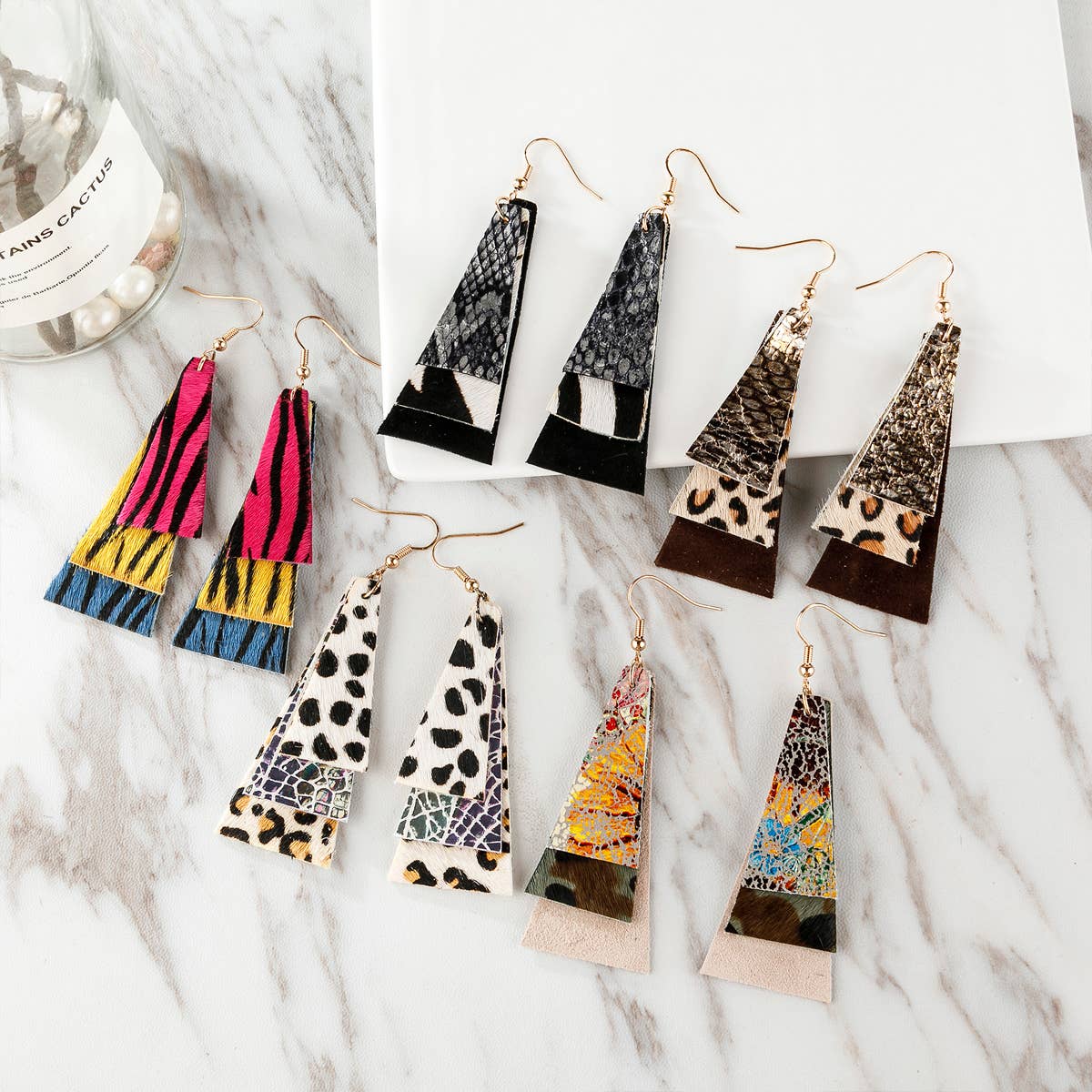 MYS Wholesale Inc - Wholesale Dangle Earrings - Animal Print Layered Leather Trapezoid Hook Earrings1