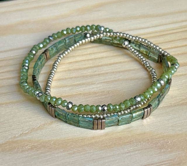 Lady Bird Market - Wholesale Jewelry Set - Mossy Greens & Gold or Silver Stretchy Tila Bead Stacked Bracelet Set3