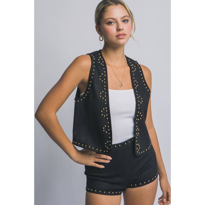 Faux Suede Western Stud Trim Vest and Short Set for wholesale by Style Up