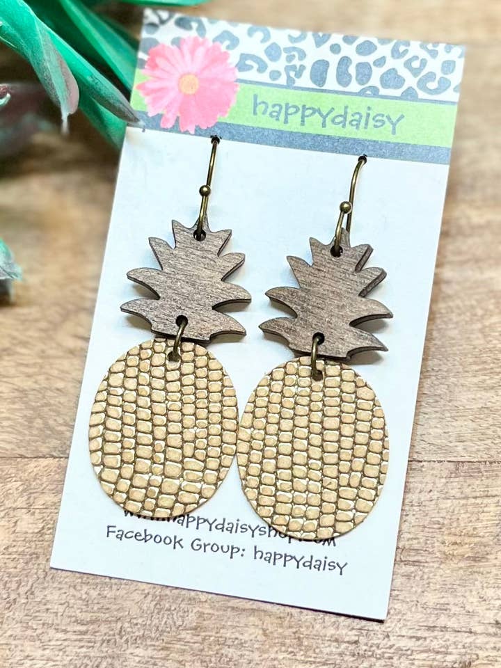 Ananas Guld Præget Læder Sommerøreringe - Træ Topper for engroshandel hos happydaisy