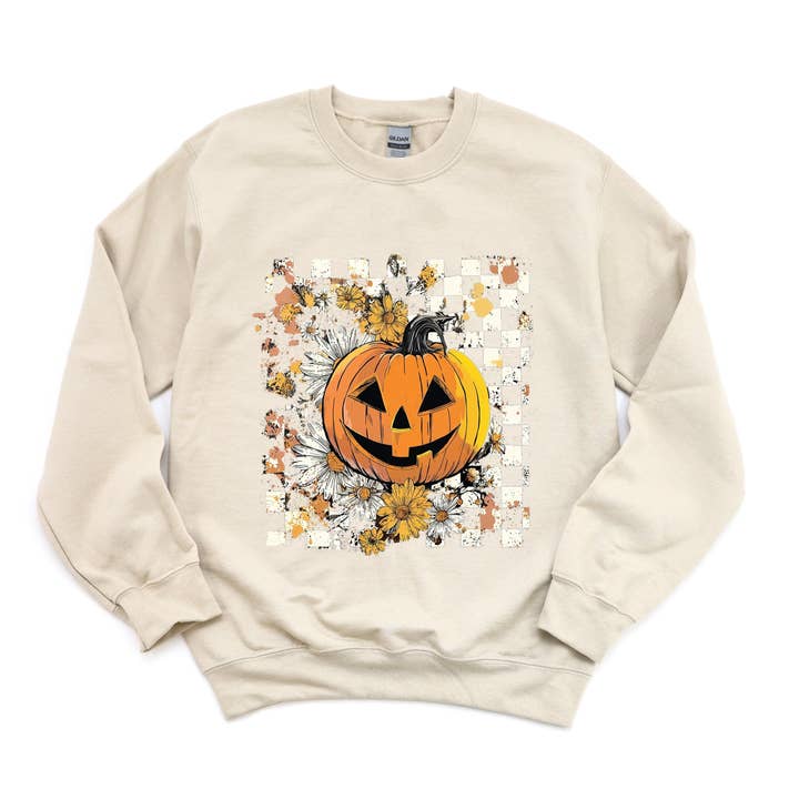 Carved Pumpkin Checkered Floral - Women's Sweatshirt for wholesale by Olive And Ivory Wholesale