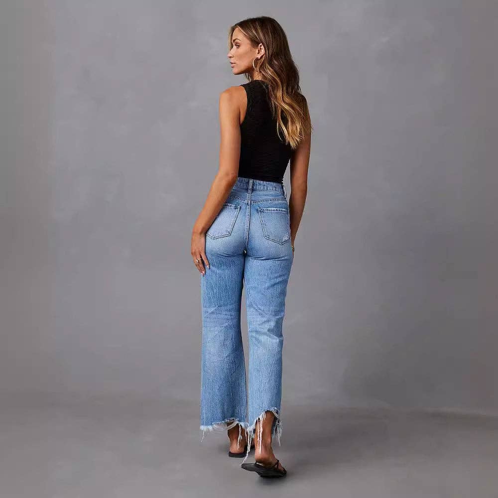 Blue High Waist Distressed Wide Leg Denim Pants with Tie-Dye Wash for wholesale on Faire6
