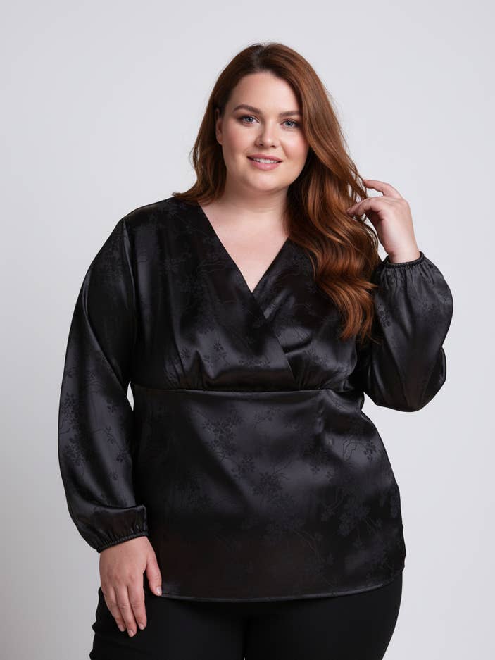 Black floral print wrap blouse (C6244) for wholesale by Pomme Rouge Paris