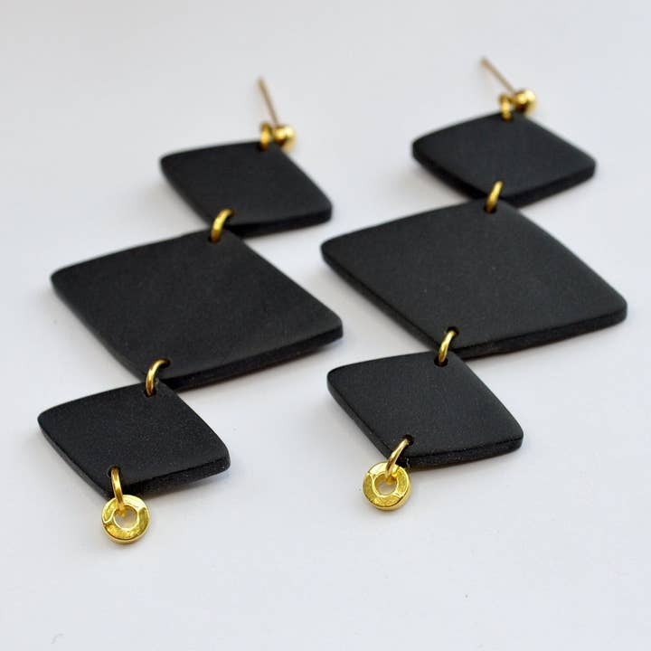 The Luna / Black Geometric Diamond Clay Earrings with Gold Accents for wholesale by Clay Jewels by Jules