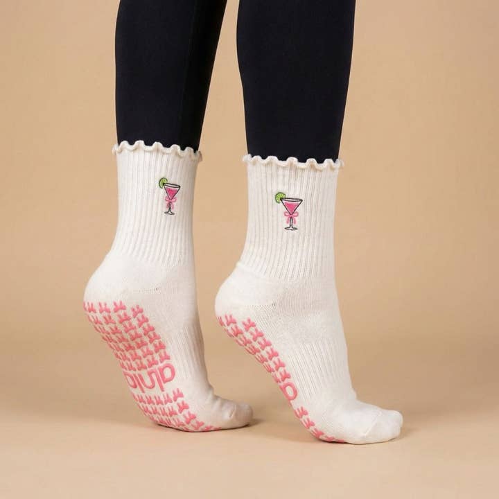 Pink Cosmopolitan Ruffled Pilates Grip Socks for wholesale by Almla Active