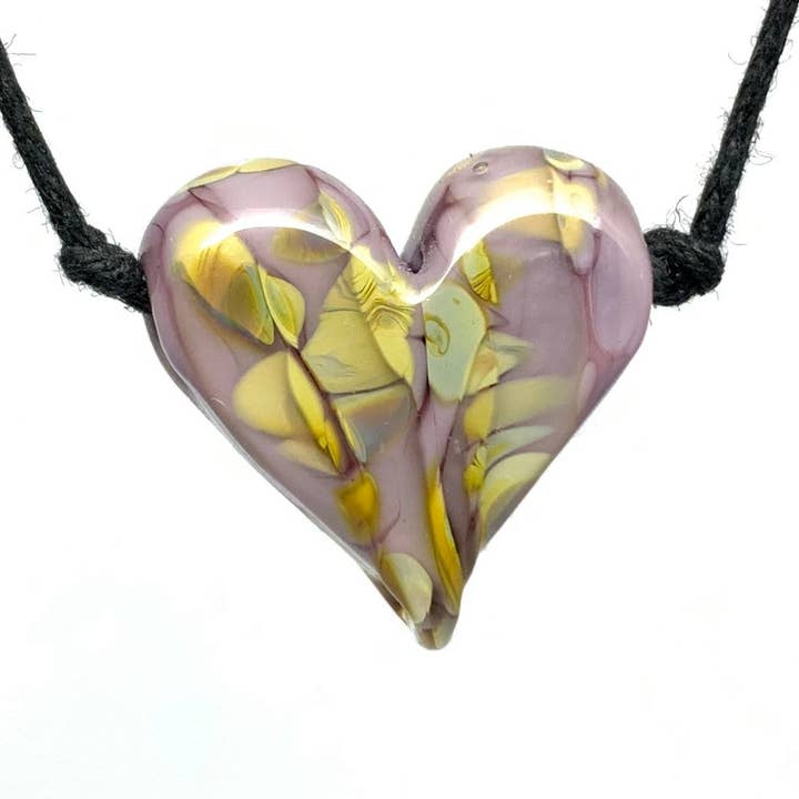 Violet + Iris Orange Confetti and Clear Glass Heart Necklace for wholesale by Ironwood Glassworks