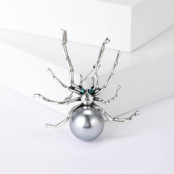 Tourtiwi - Wholesale Brooch - Gothic Silver Spider Brooches with Pearl Bodies