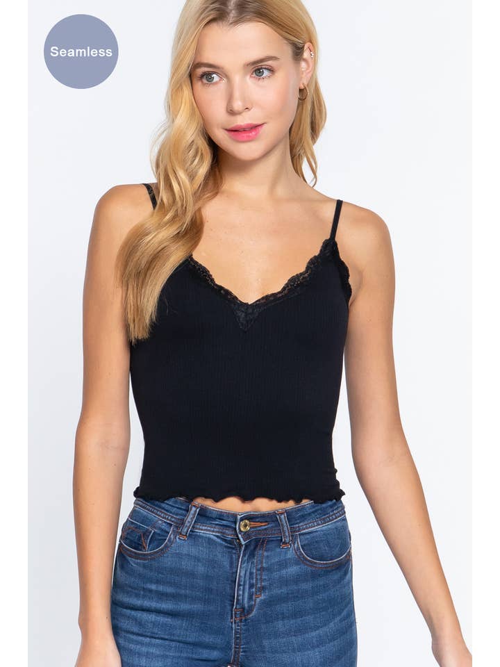 Active Basic | Active USA - Wholesale Camisole - Women's - V-neck Lace Detail Seamless Rib Knit Cami Top