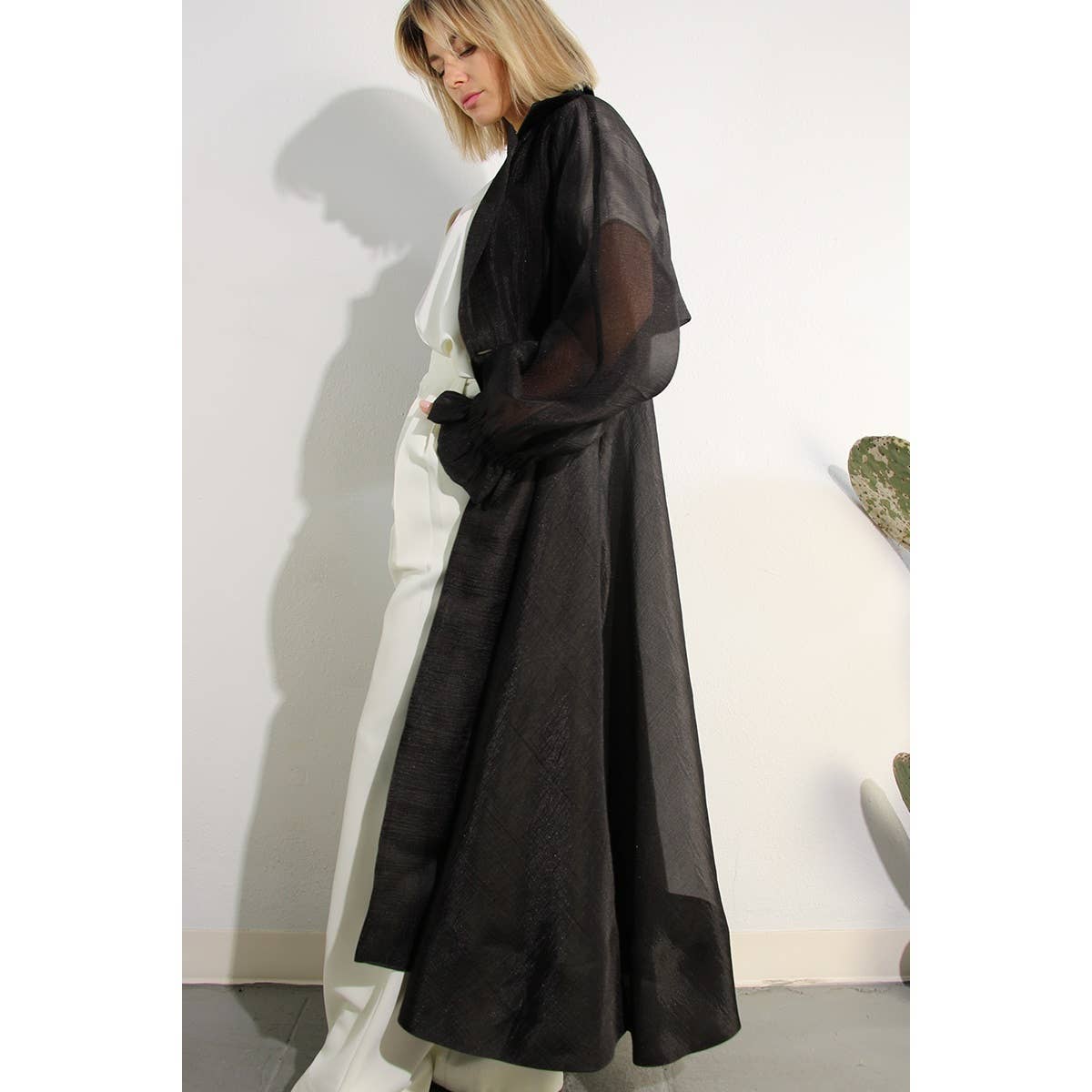BLACK METALLIC ORGANZA TRENCH COAT for wholesale on Faire3