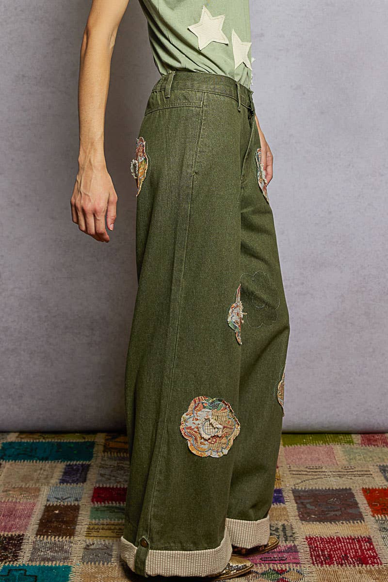 Pol Clothing - Wholesale Pants - Women's - Floral Patchwork Rolled-up Denim Straight Pants16