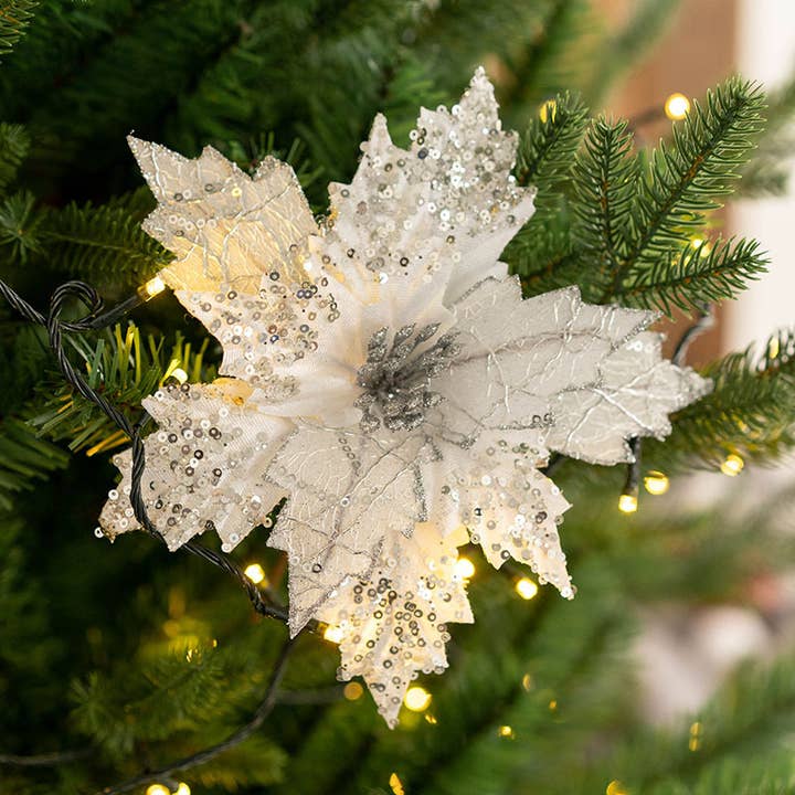 Sweet Home Deco - Wholesale Christmas Decoration - 8''W Fabric Poinsettia Flower, Sparkled Christmas Poinsettia