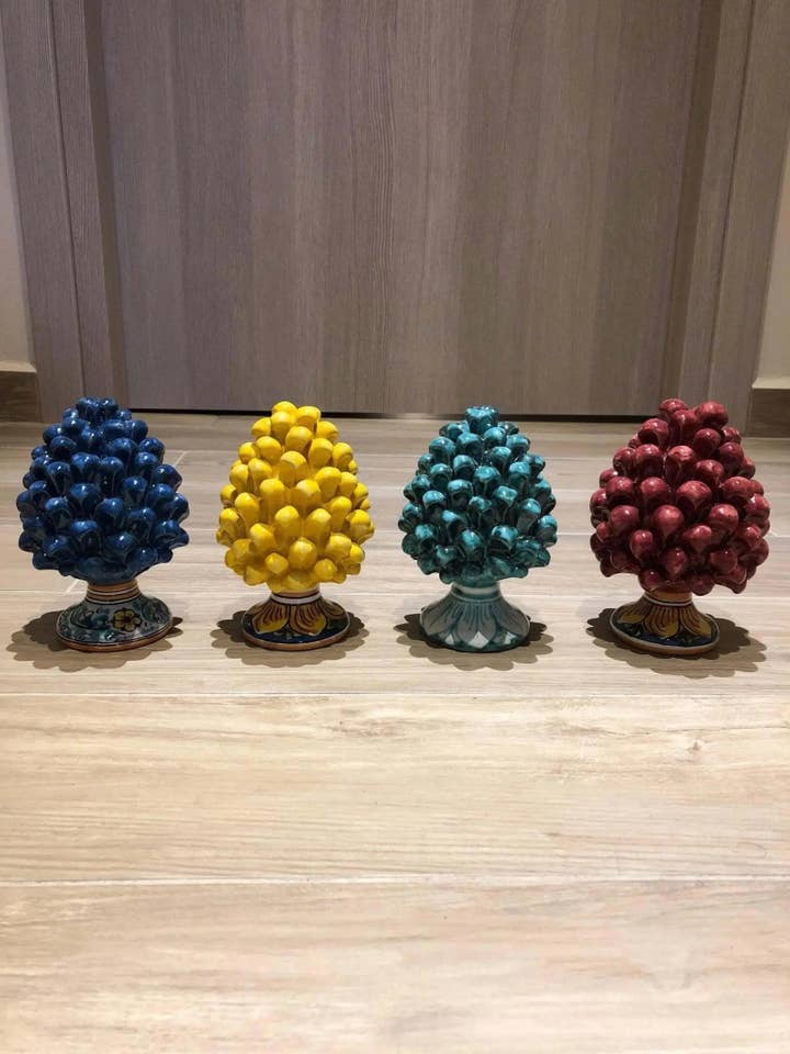 Handmade Caltagirone Ceramic Pine Cone cm H.15 with Decorated Base, Various Colours for wholesale by DD Ceramiche Siciliane