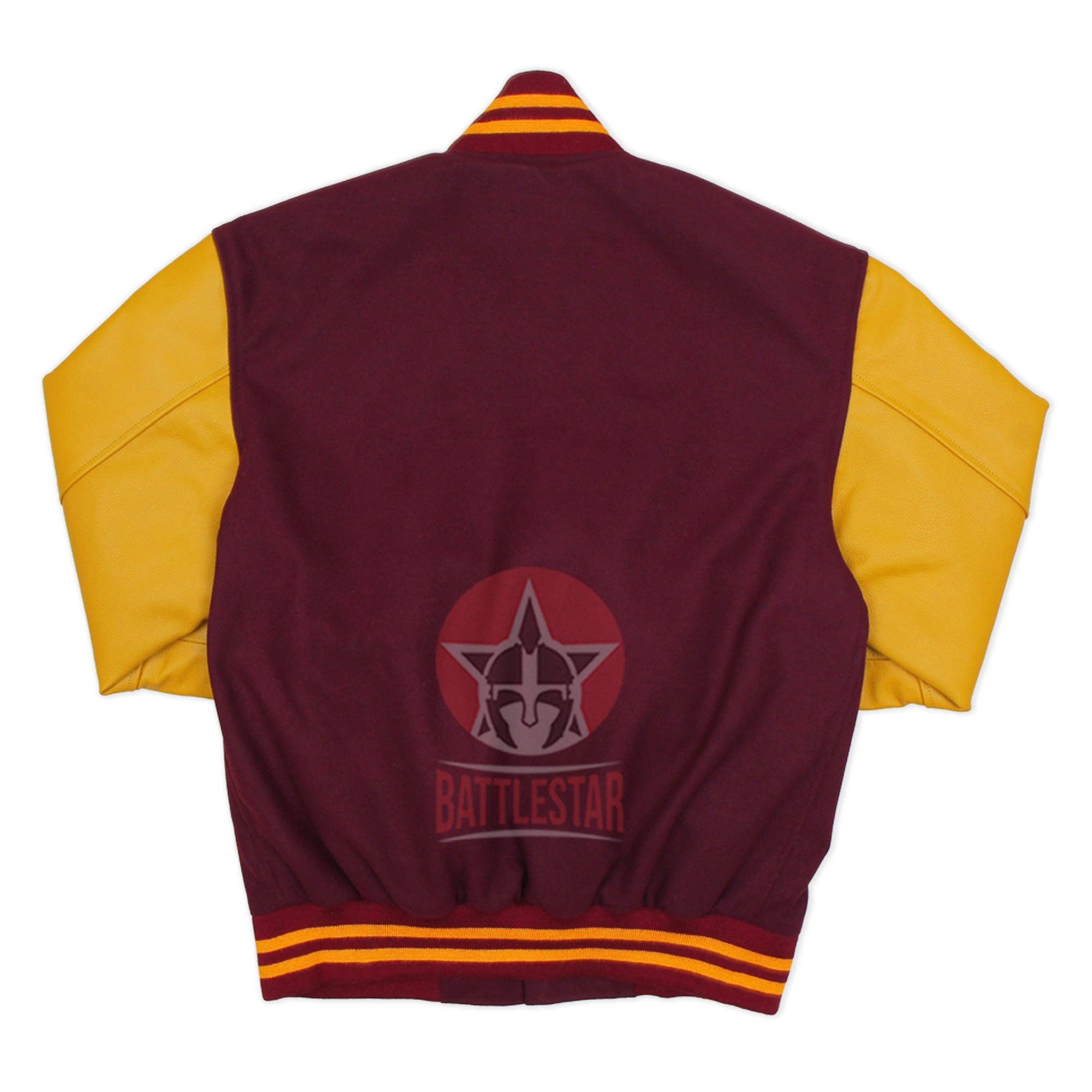 Eastworth Industries - Wholesale Varsity/Baseball Jacket - Men's - Maroon Wool Varsity Jacket Gold Yellow Leather Sleeves1