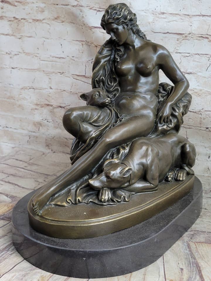 Nude Woman Female Figure w/ 2 Guard Dogs Bronze Statue Sculpture Greek Roman Decor for wholesale by Bronzhaus