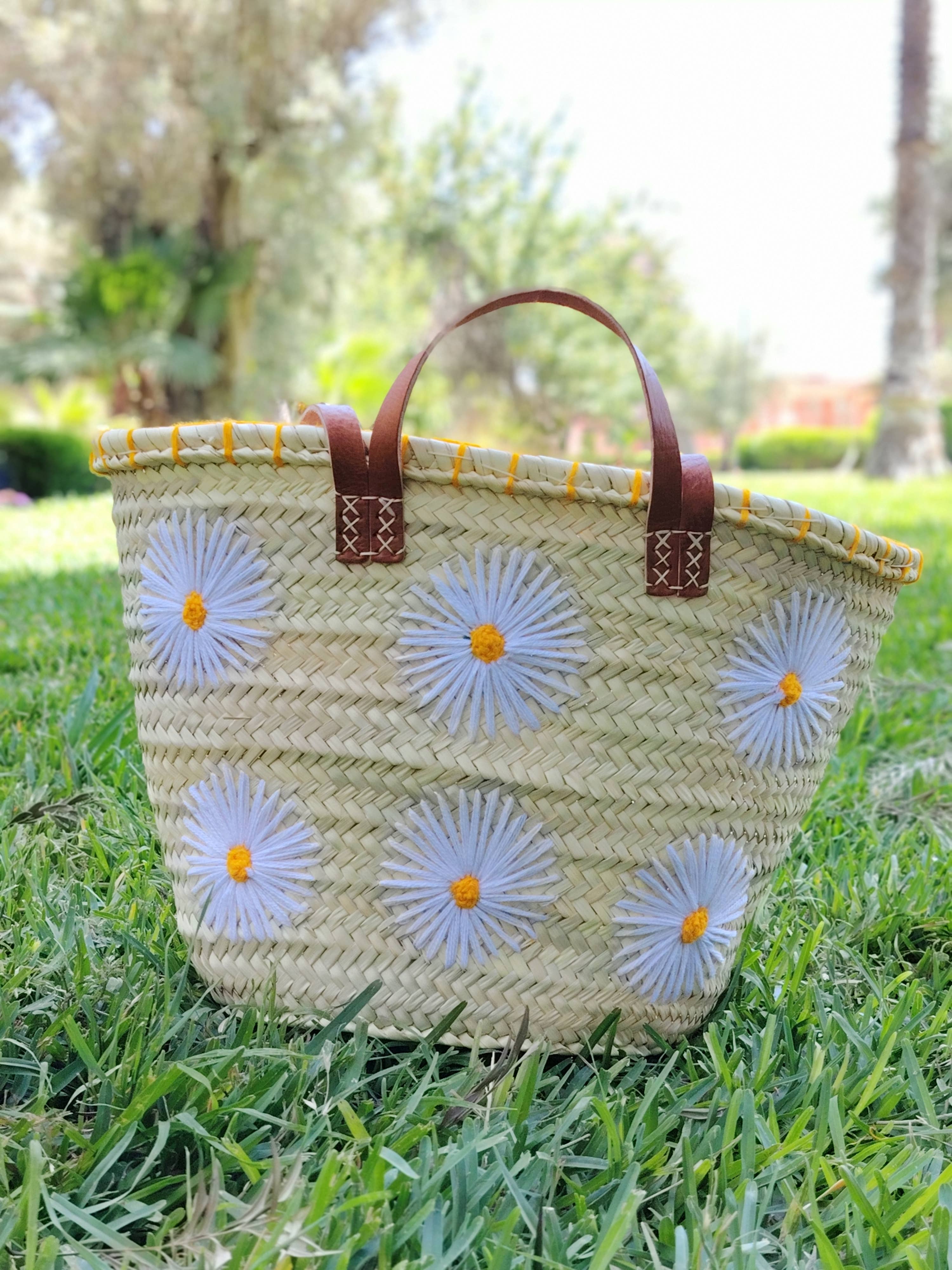 Twins Basket - Vente Sac de plage - Panier de marché en paille tressée à la main avec marguerites brodées2