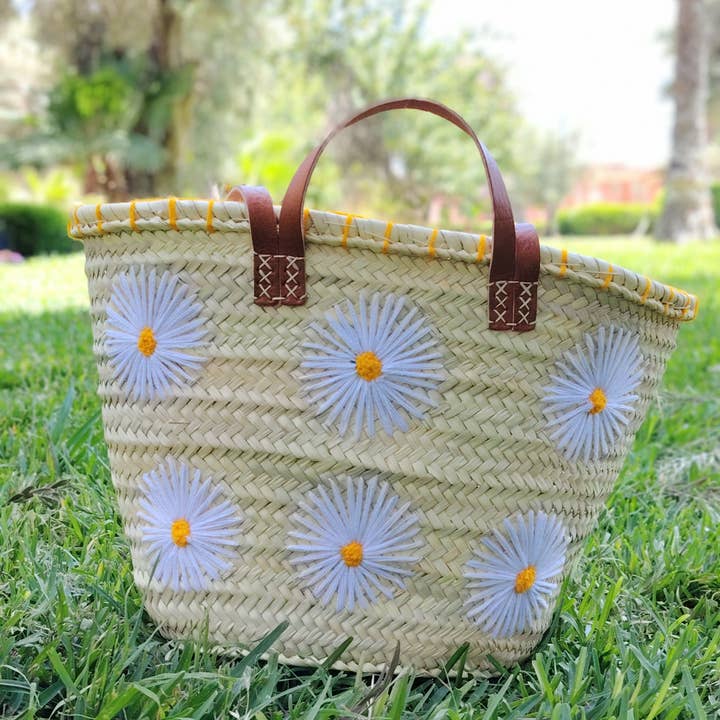 Twins Basket - Vente Sac de plage - Panier de marché en paille tressée à la main avec marguerites brodées2