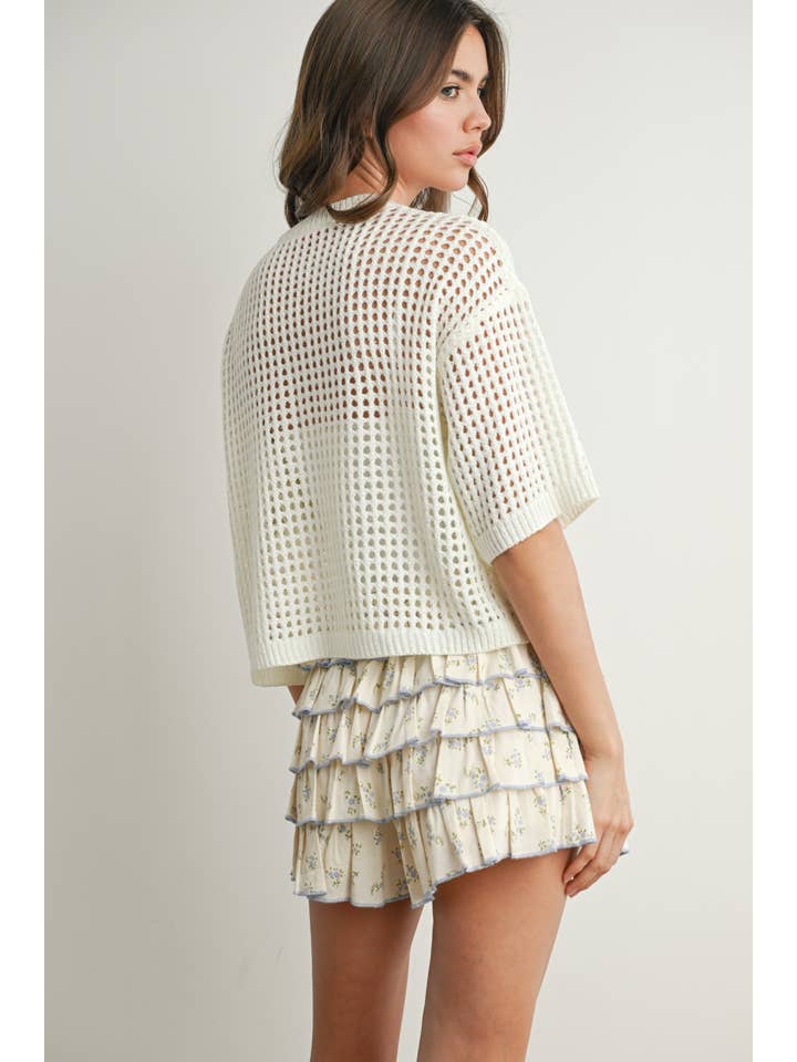 BUTTERMELON - Wholesale Knit Top - Women's - Flag Print Open Knit Crochet Sweater Top - BMW773516