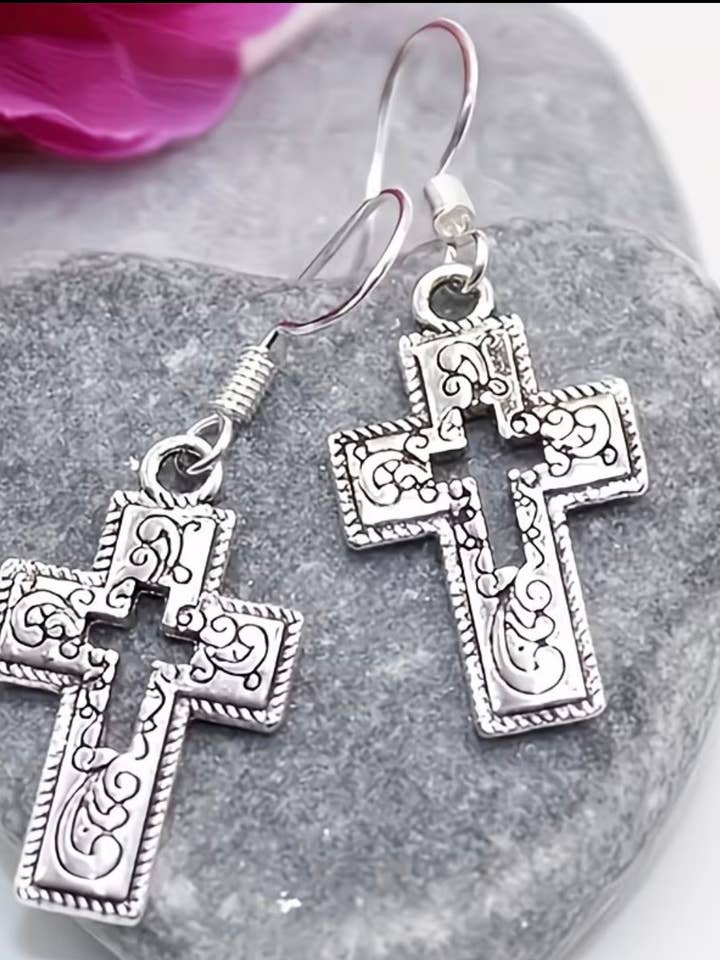 Silver Tone Scrioted Cross Dangle Earrings for wholesale by Our Home to Yours Candles & Gifts