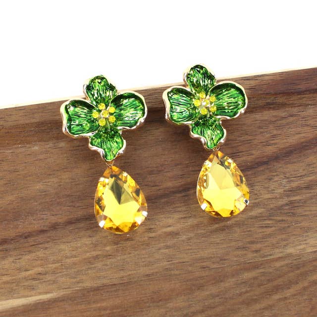 Pretty Persuasions - Wholesale Dangle Earrings - E24510 Teardrop Glass Dangled Bold Color Flower Earrings2