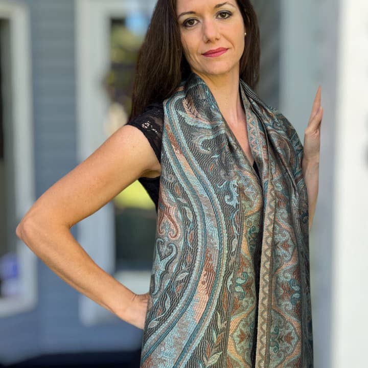 Rayz Intl - Wholesale Scarf - Women's - Teal and Gold Modal Silk Jamawar Pashmina