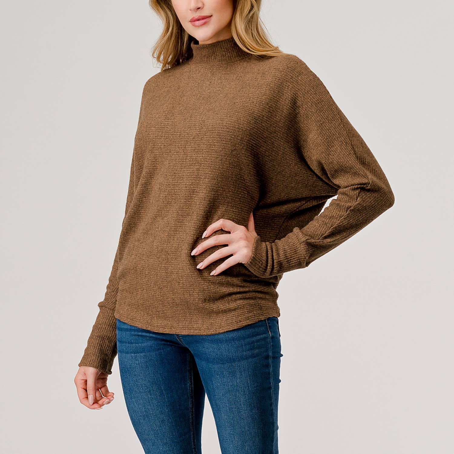 Heimious - Wholesale Knit Top - Women's - Mock Neck Long Dolman Sleeve Ribbed Knit Top, T26133