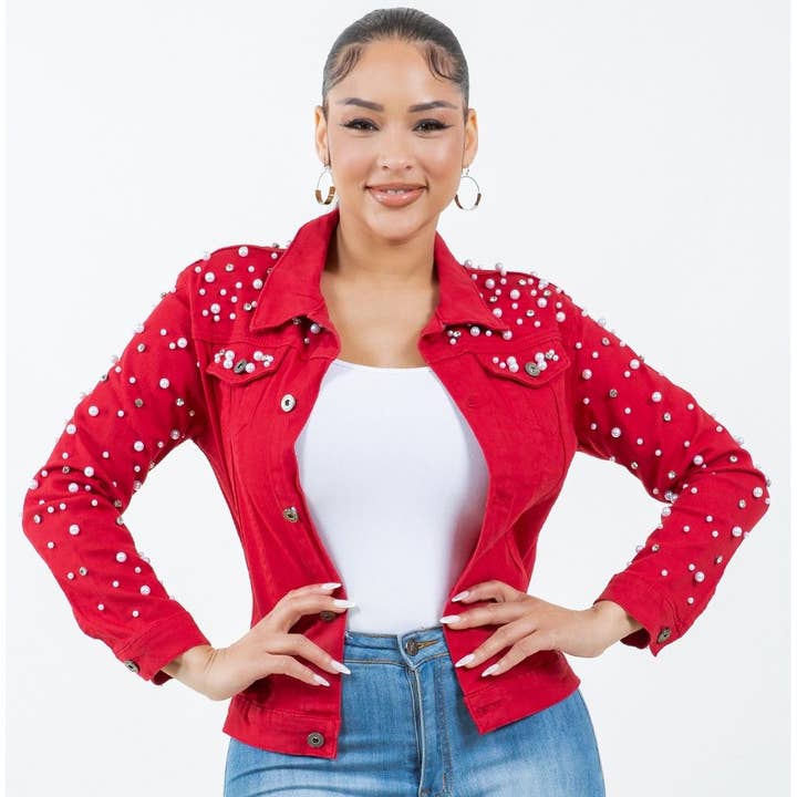 Diacly - Vente Veste en jean – femme - Veste en jean rouge avec perles éclatantes et strass déco