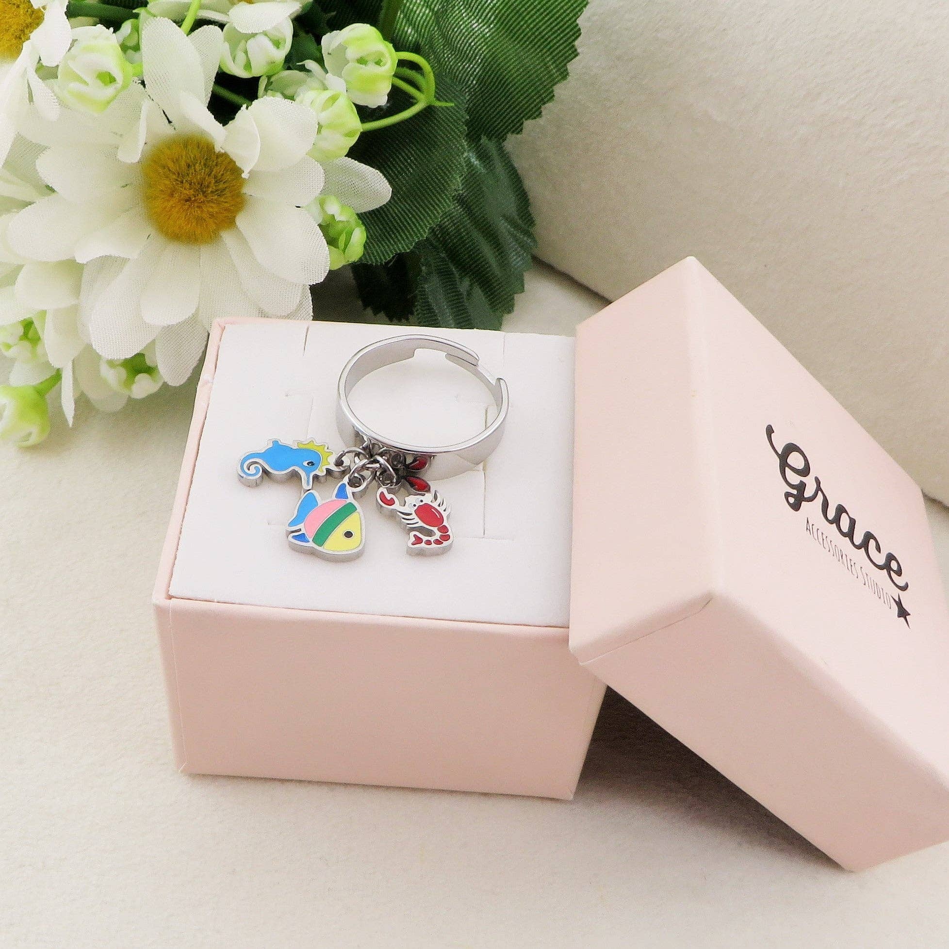 Daemon srls - Vente Anneau/bague à empiler - POLINESIA ~ Bague réglable en ACIER INOXYDABLE avec pendentifs marins émaillés2