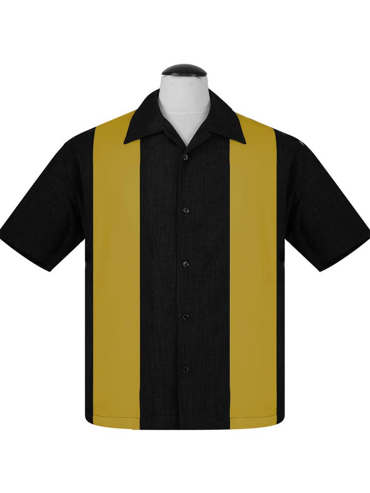 PopCheck Bowlingskjorta med dubbla paneler i svart/senap för wholesale av Steady Clothing