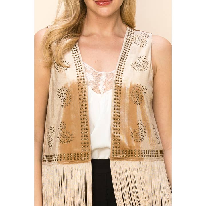 VOCAL - Wholesale Outerwear Vest - Women's - VELVET FRINGE VEST WITH PAISLEY STUDS