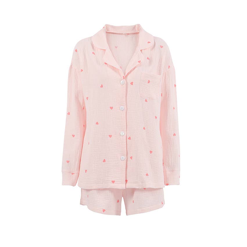 Rosa Clothing - Wholesale Lounge Set - Women's - Valentine's Day heart print shorts loungewear set0