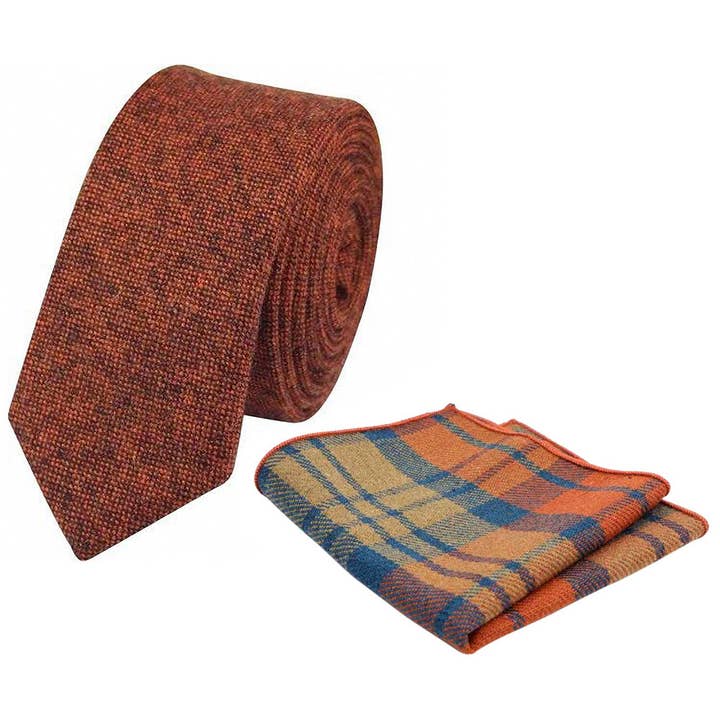 Charlie Rostiges Verbranntes Orange Dünne Tweed-Krawatte und Orange & Blau Kariertes Tartan-Einstecktuch-Set für den Großhandel von Dickie Bow