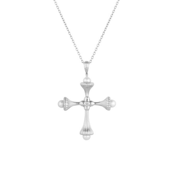 Pearl Cross Silver Necklace with Cubic Zirconia - Ripple for wholesale by Lulu B London