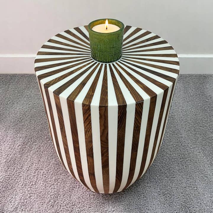 Round Walnut Wood and White Resin Side Table – Handmade Sculptural Accent Table with Modern Art Deco Elegance for wholesale by Moroccantastics